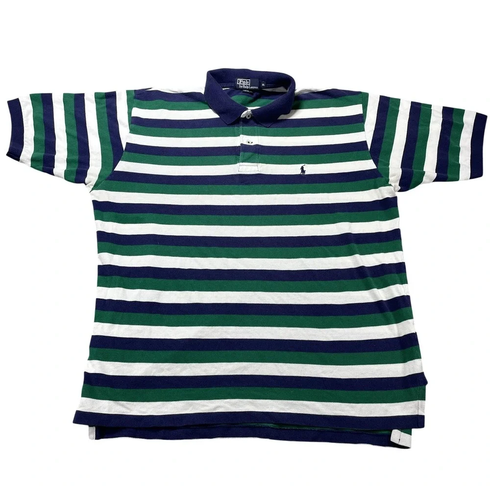 Polo By Ralph Lauren Polo Shirt Mens XL Green Navy Stripe Short Sleeve Cotton